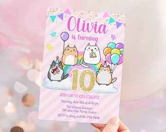Cat Rainbow Birthday Party Invitation, Cat Party, Kawaii Car Invitation, Rainbow Girl Birthday Party, Digital or Printed