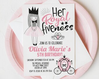 Her Royal Five-ness Invitation, Royal Fiveness Birthday Invitation, 5th Birthday, Princess Invitation, Digital or Printed