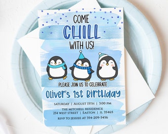May include: A blue and white birthday invitation with three cartoon penguins wearing hats and scarves. The invitation says "Come Chill With Us!" and "Oliver's 1st Birthday".