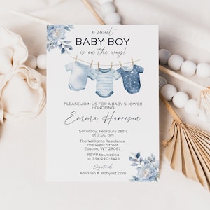 INSTANT DOWNLOAD Boy Baby Shower Invitation A Sweet Baby Boy Is On The Way, Baby Clothes Invite, Blue Floral Laundry, Editable Template, DIY