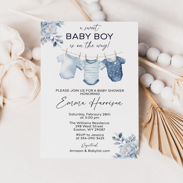 TÉLÉCHARGEMENT INSTANTANÉ Boy Baby Shower Invitation A Sweet Baby Boy Is On The Way, Baby Clothes Invite, Blue Floral Laundry, Editable Template, DIY