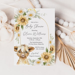 Highland Cow Sunflower Baby doccia invito, mucca, vitello, Highland, ragazzo, ragazza, bambino, genere neutro, girasole, giallo, digitale o stampato