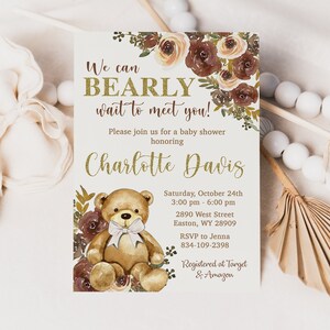 Invito per baby shower a forma di orsetto, maschio, femmina, genere neutro, floreale, marrone chiaro, cioccolato, crema, orso, orsetto, baby shower, digitale o stampato