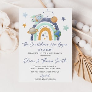 Invito per baby shower nello spazio, neonato, astronauta, spazio, ragazzo, pianeti, arcobaleno, razzo, tema spaziale, invito, digitale o stampato