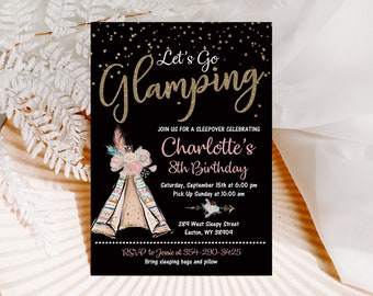 Glamping Sleepover Slumber Party Birthday Invitation, Girl, Teepee, Boho, Glamping, Gold, Teen, Tween, Invite, Digital or Printed