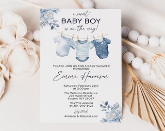INSTANT DOWNLOAD Boy Baby Shower Invitation A Sweet Baby Boy Is On The Way, Baby Clothes Invite, Blue Floral Laundry, Editable Template, DIY