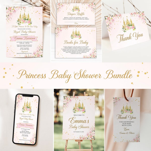INSTANT DOWNLOAD Princess Castle Baby Shower Invitation Bundle Set, Baby Shower Decor, Princess Theme Set, Digital