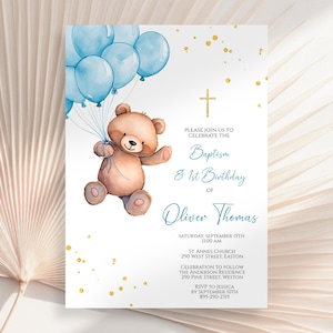 May include: A blue and brown invitation card featuring a watercolour illustration of a teddy bear holding blue balloons. The card announces a baptism and 1st birthday celebration for Oliver Thomas. The text includes the date, time, and location of the event, along with RSVP details.