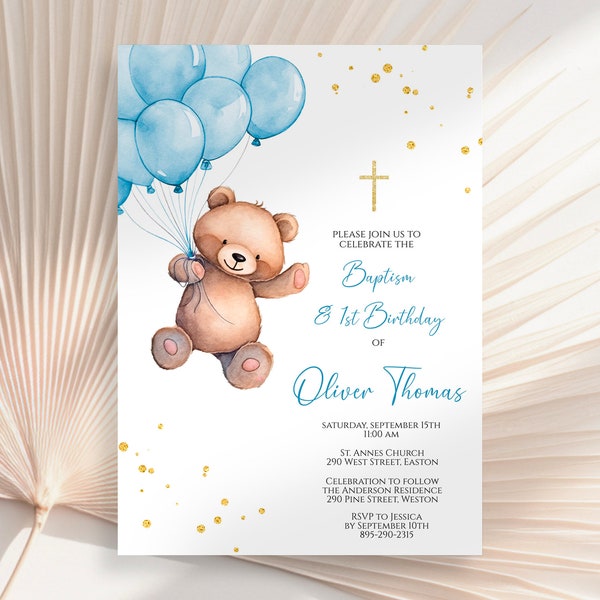 Instant Download, Teddy Bear Boy 1st Birthday and Baptism Invitation, Blue Gold, Balloons, Celebration, Digital Editable Template, PDF