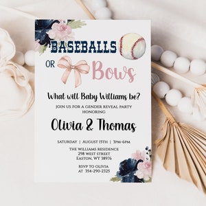 Invito per rivelare il sesso del bambino con palline da baseball o fiocchi, lui o lei, ragazzo, ragazza, neonato, rivelare il sesso del bambino, invito, digitale o stampato