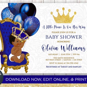 DOWNLOAD IMMEDIATO, Invito per baby shower del principe, Re, Corona, Ragazzo, Neonato, Principe, Reale, Blu, Oro, Palloncini, Invito, Digitale