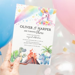 ユニコーンと恐竜の誕生日招待状、兄弟の誕生日、双子、合同パーティー、恐竜、ユニコーン、男の子と女の子、デジタルまたは印刷