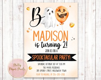 May include: A Halloween-themed birthday party invitation with a ghost and a pumpkin balloon. The invitation says "Boo Madison is turning 2! Join us for a Spooktakular Party!"  The party is on Saturday, October 31st at 5:00 PM at The Myers Residence, 789 Spooky Street, Halloween Town. RSVP to Michael at 354-290-2398.