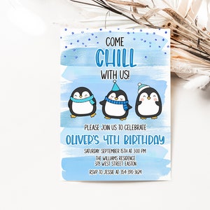 Téléchargement instantané - Invitation de fête d'anniversaire de pingouin - Chill Celebration - Modèle modifiable - DIY