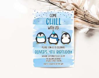 Instant Download - Penguin Birthday Party Invitation - Chill Celebration - Editable Template - DIY