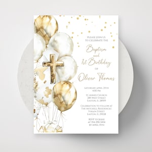 Invito per battesimo e primo compleanno, Battesimo, 1° compleanno, Oro e bianco, Bambino, Bambina, Un anno, Digitale o stampato