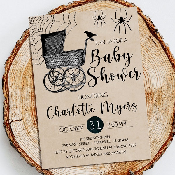 Invitación de ducha de bebé de Halloween, Halloween, Baby Shower, niño, niña, género neutral, gótico, espeluznante, carruaje, digital o impreso