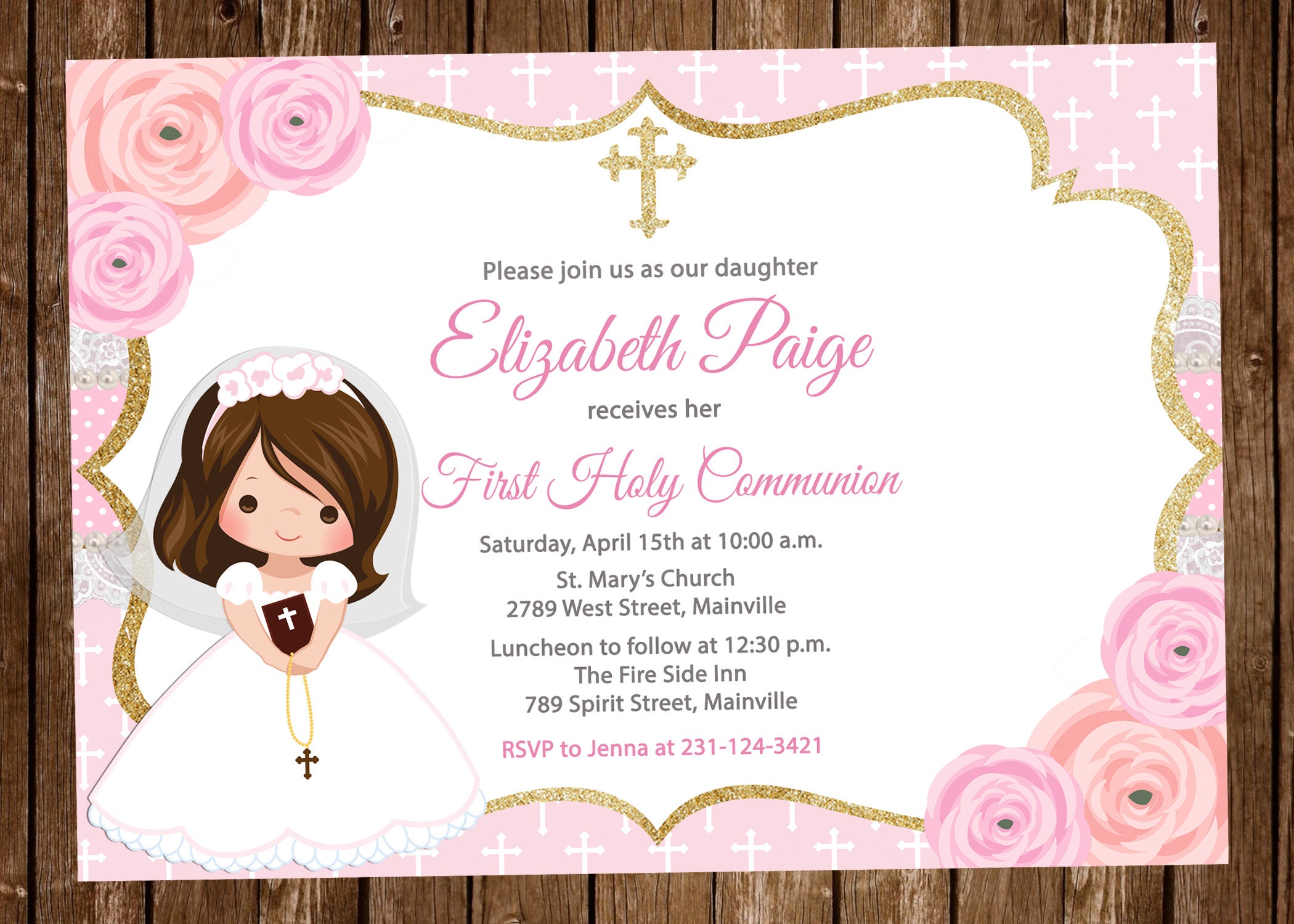 First Communion Invitation Communion Holy Floral Girl Etsy