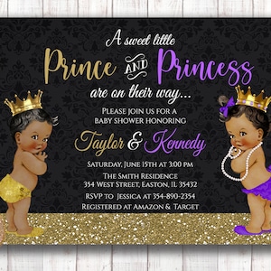 Invito per baby shower principe e principessa, gemelli, maschio e femmina, neonati, baby shower, viola, oro, digitale o stampato