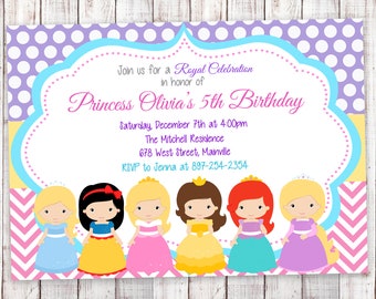 May include: A purple, yellow and pink invitation with a white border. The invitation is for a 5th birthday party for a girl called Olivia. The invitation features a cartoon image of six princesses. The text on the invitation reads "Join us for a Royal Celebration in honour of Princess Olivia's 5th Birthday. Saturday, December 7th at 4:00pm. The Mitchell Residence 678 West Street, Mainville. RSVP to Jenna at 897-254-2354."