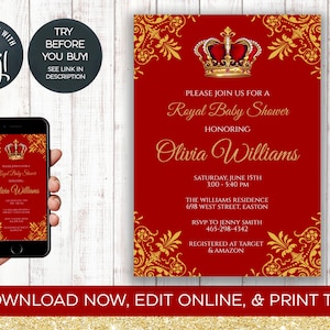 INSTANT DOWNLOAD, Prince Baby Shower Invitation, Little Prince, Baby Prince, Royal, King, Red, Gold, Baby Boy,  Baby Shower