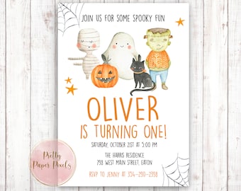 May include: Halloween-themed invitation with illustrations of a mummy, ghost, jack-o'-lantern, black cat, and Frankenstein's monster. The text reads "Join us for some spooky fun" and "Oliver is turning one!" with event details.