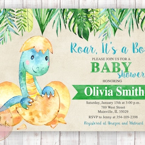 Invito per baby shower a tema dinosauro, dinosauro, bambino, ragazzo, invito a tema dinosauro, festa, baby shower, digitale o stampato