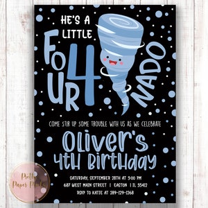 Fournado Birthday Invitation, Fourth Birthday invitation, Tornado, Boy, Weather, 4, Four, Four-nado, Invite, Digital or Printed