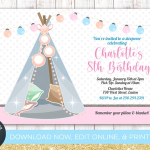 Slumber Party Invitation, Birthday, Sleepover, Pajama Party, Girls, Girl, Teepee, Slumber, Glamping, Editable, Digital, INSTANT DOWNLOAD