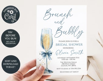 Brunch and Bubbly Bridal Shower Invitation, Bridal Shower, Bubbly, Champagne, Classy, Blue, Wedding, Digital, Editable, INSTANT DOWNLOAD