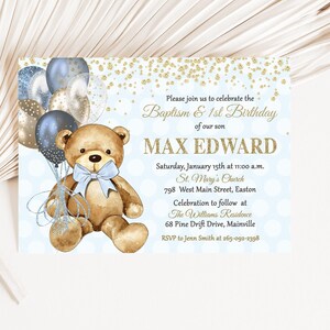 Invito per il primo compleanno del battesimo dell'orso, ragazzo, neonato, orsacchiotto, blu, oro, battesimo, compleanno, uno, primo, 1°, digitale o stampato