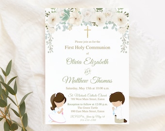First Communion Invitation, Joint, Siblings, White Floral, Gold, Twins, Cousins, Brother, Sister, Floral, ANY HAIR COLOR, Digital or Printed