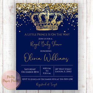 Invito per baby shower principe, principe, neonato, reale, re, corona, oro, glitter, blu, baby shower, bambino, digitale o stampato