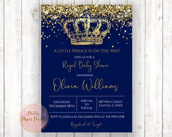 Prince Baby Shower Invitation, Prince, Baby Boy, Royal, King, Crown, Gold, Glitter, Blue, Baby Shower, Baby, Digital or Printed