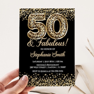 Fifty and Fabulous 50th Birthday Party Invitation - Leopard Animal Print - Gold and Black - Elegant and Classy - Digital or Printed