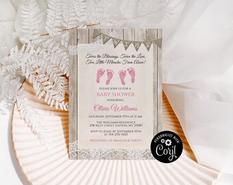 Invitación para baby shower de niñas gemelas, invitación para baby shower de niñas gemelas, fiesta, plantilla editable en PDF para hacer tú mismo, descarga instantánea