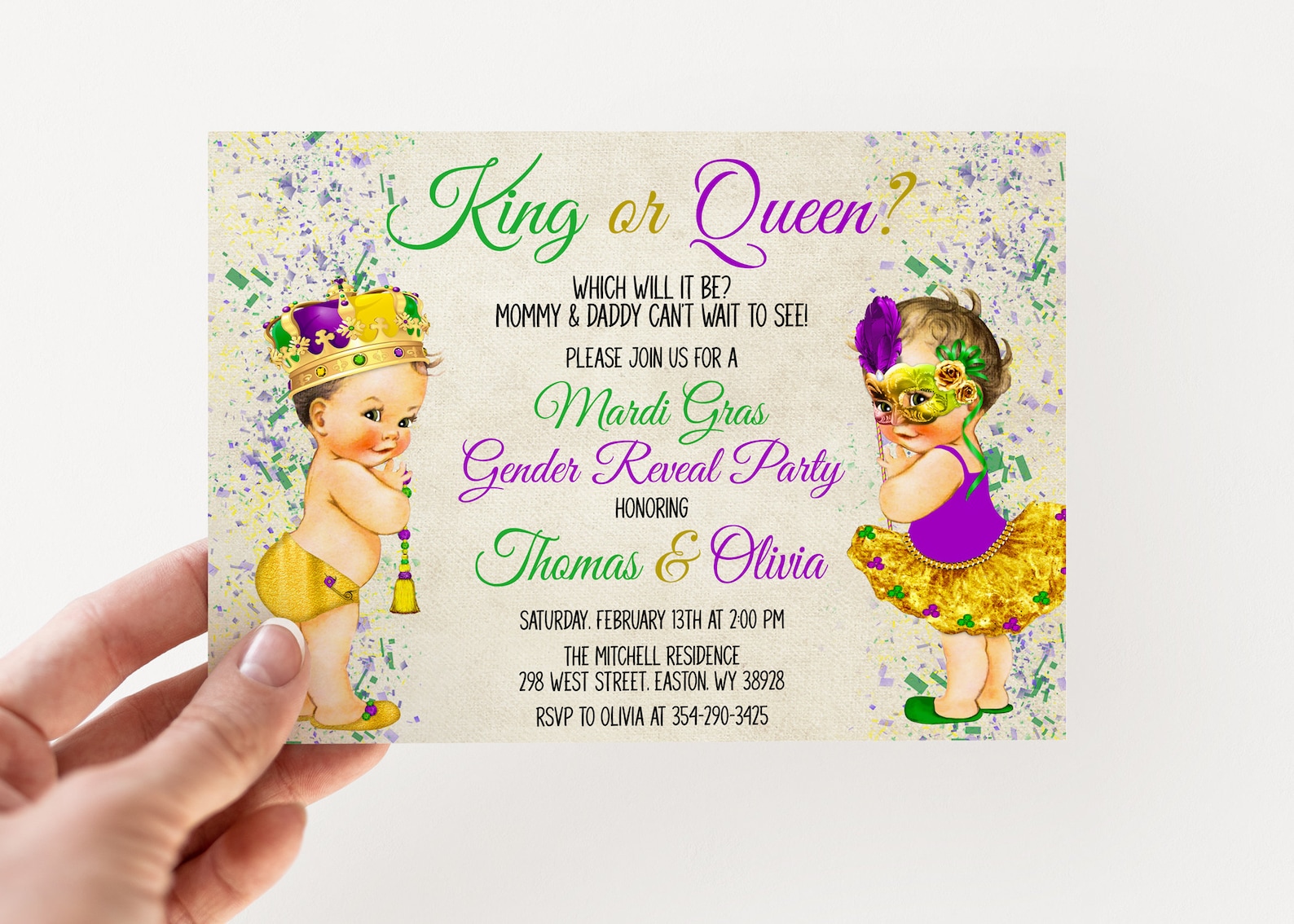 Mardi Gras Gender Reveal Invitation King Queen Boy Girl Etsy