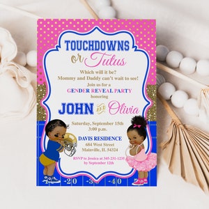 Touchdowns or Tutus Gender Reveal Invitation, Football, Tutu, Girl or Boy, He or She, Gender Reveal, Pink, Blue, Digital or Printed