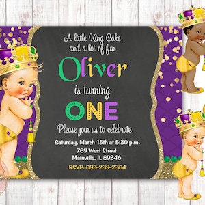 Mardi Gras Invitation, First Birthday, Birthday Party Invitation, Baby Boy, Boy, One, Mardi Gras, Invite, King Cake, Digital or Printed