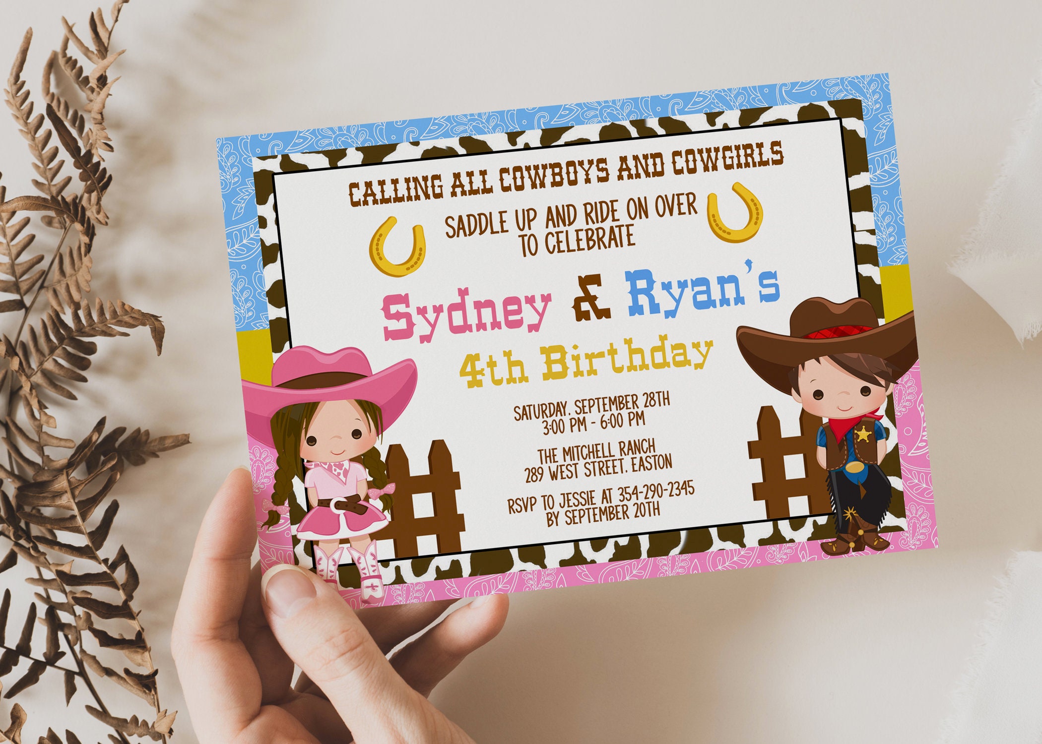 Invitación fiesta de cumpleaños conjunto vaquero y vaquera - fiesta Country  Western - hermano y hermana - niño y niña - Digital o impreso, image size:2100x1500