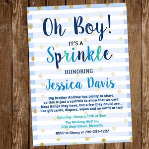 Baby Sprinkle Invito, Baby Boy Sprinkle, Baby Shower, Sprinkle, Ragazzo, Invito, Blu, Oro, Coriandoli, Digitale o Stampato