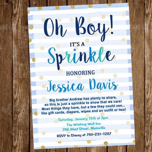 Baby Sprinkle Invitation, Baby Boy Sprinkle, Baby Shower, Sprinkle, Boy, Invitation, Blue, Gold, Confetti, Digital or Printed image 1