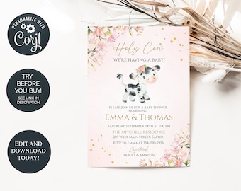 May include: Pink baby shower invitation with a watercolor illustration of a cow with a floral headband. The text reads "Holy Cow! We're having a baby!" and includes the names Emma & Thomas, the date and time of the shower, the location, and RSVP information.