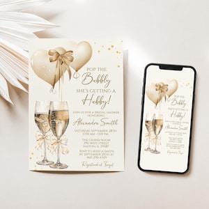 Pop the Bubbly Bridal Shower Invitation, Bubbly Hubby, Wedding Shower, Bride, Champagne, Gold, Editable Template, Digital Instant Download