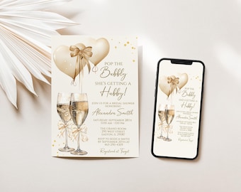 Invitación para despedida de soltera Pop the Bubbly, esposo burbujeante, despedida de soltera, novia, champán, oro, plantilla editable, descarga digital instantánea