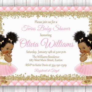 Twins Baby Shower Invitation, Twin Girls, Twins, Girl, Gold, Pink, Invitation, Baby Shower, Digital or Printed