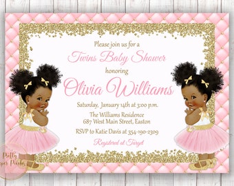 Twins Baby Shower Invitation, Twin Girls, Twins, Girl, Gold, Pink, Invitation, Baby Shower, Digital or Printed