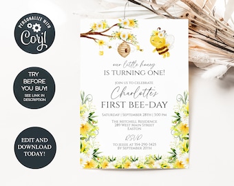 Little Honey Bee 1st Birthday Party Invitation - Editable Template - Instant Digital Download