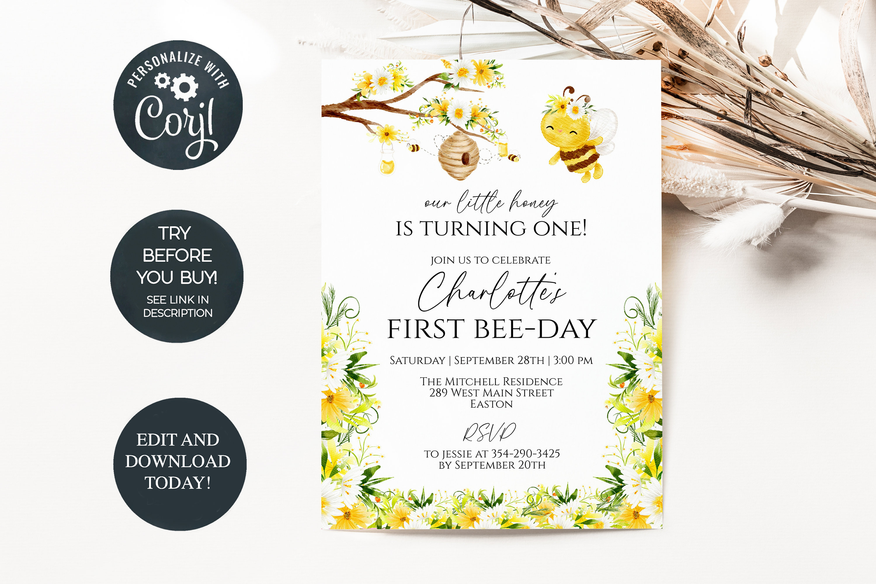Little Honey Bee 1st Birthday Party Invitation - Editable Template ...