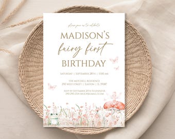 Invitación para el primer cumpleaños de hadas, fiesta de cumpleaños de hadas, primer cumpleaños de hadas, un año, fiesta de hadas para niñas, niña, digital o impresa